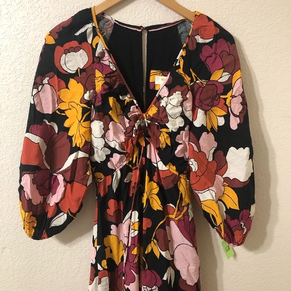 Anthropologie Maeve Deep V Ruched Midi Floral Dress - Size 2 - Picture 3 of 9